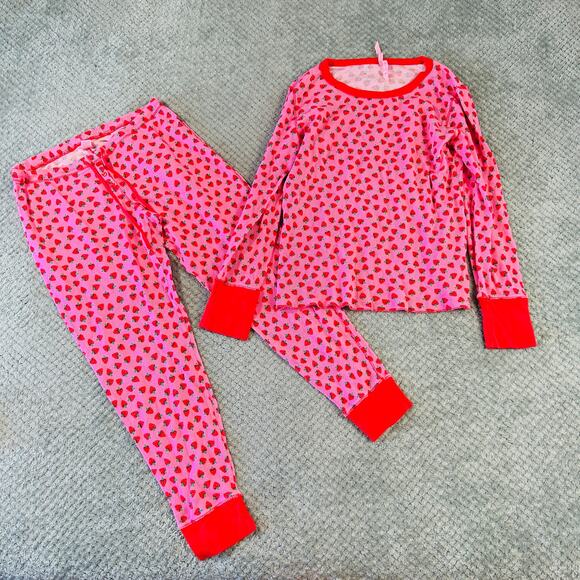 Vtg y2k Victoria's Secret Pink Strawberry Print Waffle Long Sleeve PJ Pajama SEt - Picture 1 of 5
